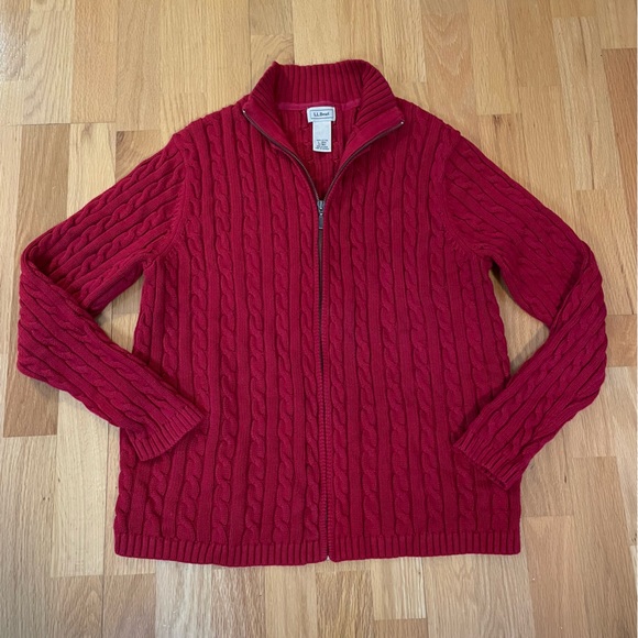LL Bean Sweater Red Cable Knit Cotton Jacket Full Zip Cardigan Large - Picture 3 of 10